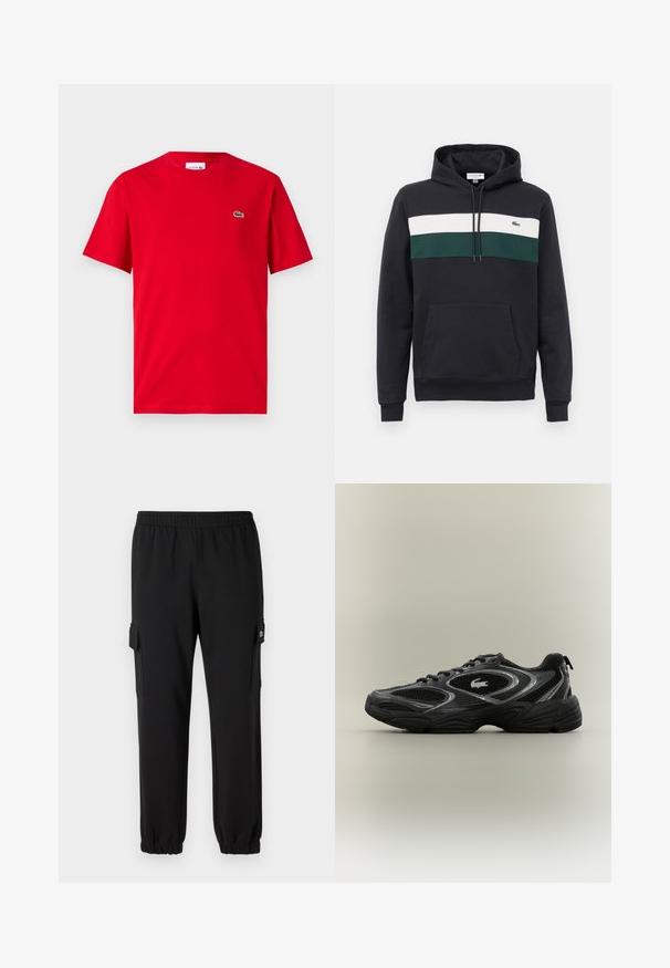 Schwarzer Kapuzenpullover mit weißen und grünen horizontalen Streifen über der Brust und einer vorderen Kängurutasche.; Rotes Baumwoll-T-Shirt mit kurzen Ärmeln, Rundhalsausschnitt und kleinem grünen Krokodil-Logo auf der linken Brust. Glatte Textur, lässige Passform.; Schwarze Sweatpants mit einem elastischen Bund, schmal zulaufenden Bündchen und seitlichen Cargo-Taschen. Hergestellt aus weichem Material mit einer glatten Textur.; Schwarzer und grauer Sportschuh mit Netzpaneelen, Schnürdesign, dicker Sohle und einem kleinen Krokodil-Logo an der Seite.