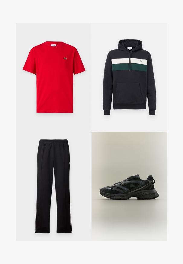 Schwarzer Kapuzenpullover mit weißen und grünen horizontalen Streifen über der Brust und einer vorderen Kängurutasche.; Rotes Baumwoll-T-Shirt mit kurzen Ärmeln, Rundhalsausschnitt und kleinem grünen Krokodil-Logo auf der linken Brust. Glatte Textur, lässige Passform.; Schwarze, knöchellange Sporthosen mit elastischem Bund und weißen Seitenstreifen, versehen mit einem kleinen grünen Logo auf der oberen Seite.; Schwarzer Sportschuh mit Netz панели, einer strukturierten Sohle, Schnürsenkeln und einer geschwungenen Silhouette mit silbernen Akzenten an den Seiten.