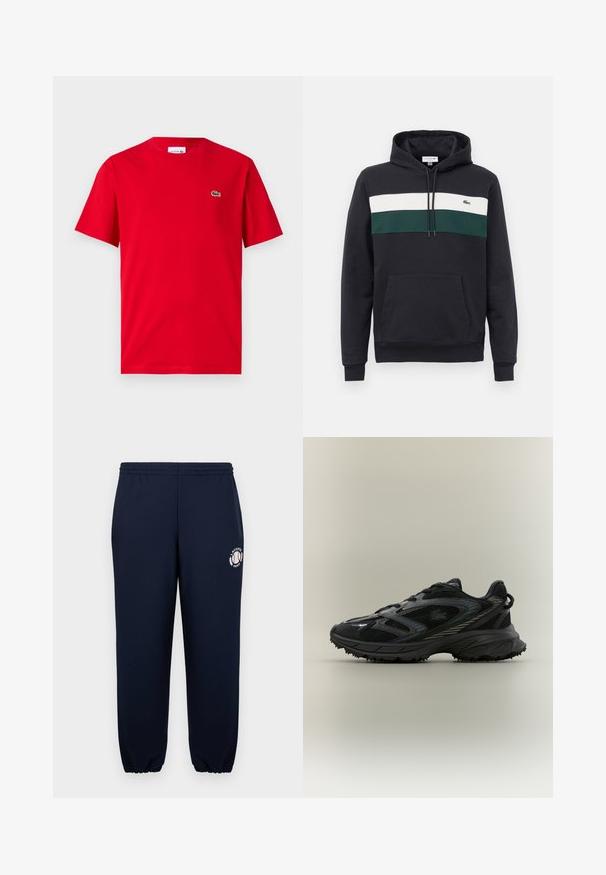 Schwarzer Kapuzenpullover mit weißen und grünen horizontalen Streifen über der Brust und einer vorderen Kängurutasche.; Rotes Baumwoll-T-Shirt mit kurzen Ärmeln, Rundhalsausschnitt und kleinem grünen Krokodil-Logo auf der linken Brust. Glatte Textur, lässige Passform.; Navyblaue Sweatpants aus weichem Baumwollmaterial mit elastischen Bündchen und Bund. Mit einem weißen Lacoste Paris Logo auf dem linken Bein.; Schwarzer Sportschuh mit Netz панели, einer strukturierten Sohle, Schnürsenkeln und einer geschwungenen Silhouette mit silbernen Akzenten an den Seiten.