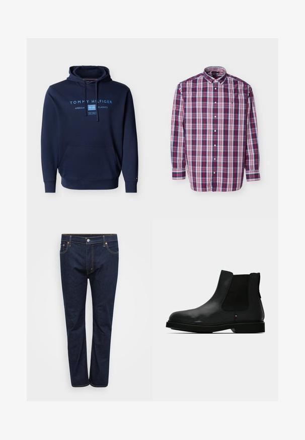 Marineblå hættetrøje med forlomme, snøre og lyseblåt "Tommy Hilfiger American Classics" tekst og logo på brystet.; Langærmet skjorte med knapper med et blåt, rødt og hvidt ternet mønster og krave med knapper, lagt fladt på en hvid baggrund.; Mørkeblå denim jeans med lige ben, der har synlige stikninger i kontrasterende gul, fem lommer og en frontlukning med knap.; Sort læder Chelsea-støvle med elastiske sidepaneler, rund tå og tekstureret overdel. Har en flad gummisål og diskret mærkedetalje.
