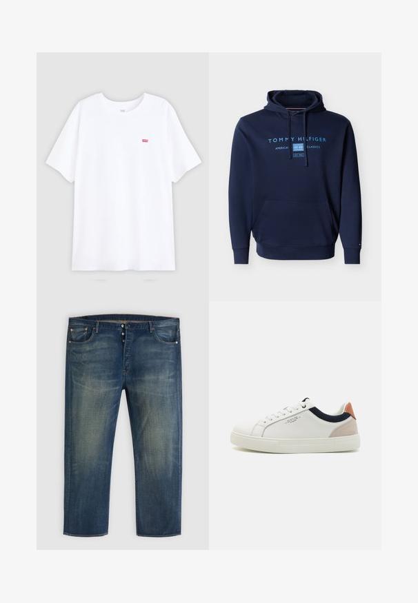 Marineblå hættetrøje med forlomme, snøre og lyseblåt "Tommy Hilfiger American Classics" tekst og logo på brystet.; Hvid bomulds t-shirt med korte ærmer og rund halsudskæring. Har et lille rødt Levi's logo på venstre bryst. Flad design, uden mønstre.; Blå denimjeans med knaplukning, klassisk fem-lomme design og falmede detaljer på lår og knæ.; Hvide lædersneakers med low-top design, marineblå stofdetalje på kraven og en lys lyserød suede hælflap. Gummisål.