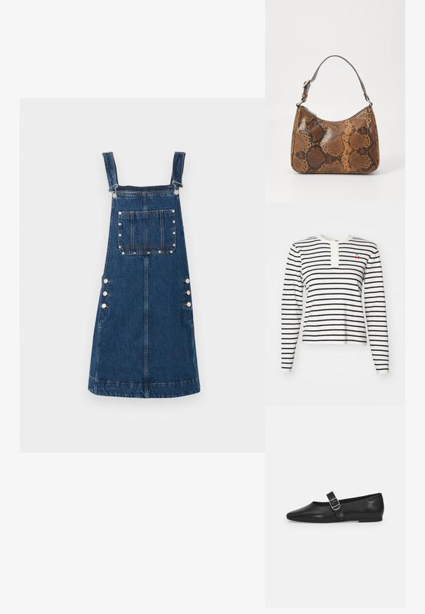 Langærmet stribet bluse i hvid og marineblå, med en henley-udskæring og knapper samt en lille broderet kirsebærdetalje på brystet.; Denim overallkjole i mørkeblå, med justerbare stropper, lommer foran og sideknapper til fastgørelse. Glat tekstur og afslappet design.; Sorte læder flade sko med rund tå, et enkelt justerbart spænde og en glat, blank overflade. Minimalistisk design med en lav hæl.; Lille håndtaske med brun og sort slangeskinn mønster, kort justerbar rem og lynlåslukning.