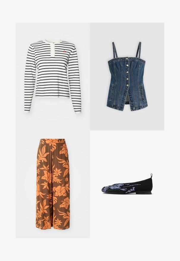Langærmet stribet bluse i hvid og marineblå, med en henley-udskæring og knapper samt en lille broderet kirsebærdetalje på brystet.; Denim corset-top med justerbare stropper, frontlukning med knapper, lodrette sømdetaljer, sidelommer og en let åbning foran.; Brune brede bukser med et orange blomstermønster. Glat tekstur med høj talje og sidelommer. Afslappet og let design.; Sort flad sko med intrikate blomsterdesigns i lilla og grøn, med en lav hæl og en bagestrop for nem påtagning.