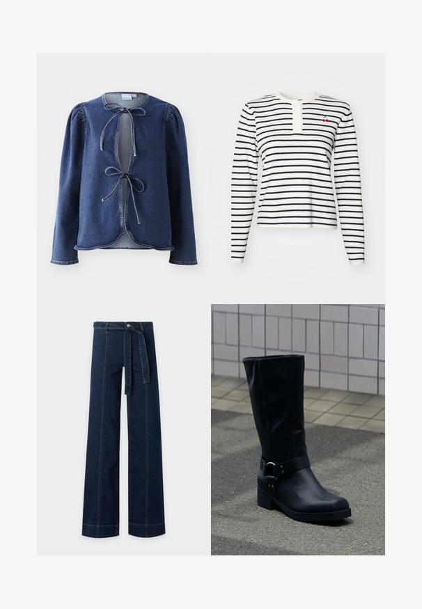 Valge ja tumesinise triibuga pika varrukaga topp, millel on henley kaelus nuppudega ja väike broderi kirss rinnal.; Tume sinine denim jakk, millel on pikad varrukad, paistes õlad ja ees lipsuga sulgemine. Jakk on ümarate äärtega ning kontrastsete õmblustega.; Tumedasinised laialõikelised teksapüksid, millel on esiosas õmblusdetailid ja vöökohal seotud sobiv kangasvöö.; Must nahktõlvik keskmise vasikaosa kõrgusega, madala plokksanga ja kaunistava metallkinnitusega rihmaga ümber pahkluu, plaaditud kõnniteel.