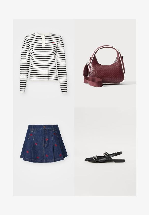 Camiseta de manga larga a rayas en blanco y azul marino, con un cuello henley con botones y un pequeño detalle de cereza bordado en el pecho.; Falda de mezclilla con pliegues y un lavado oscuro, con detalles de mariposas bordadas en rojo y un clásico diseño de cinco bolsillos con cierre de botón frontal.; Even&Odd by Zalando Bailarinas con tira trasera - black; Bolso de mano de cuero tejido color granate con asa curva, ribete blanco, cremallera plateada y correa desmontable de tela ancha para el hombro sobre fondo liso.