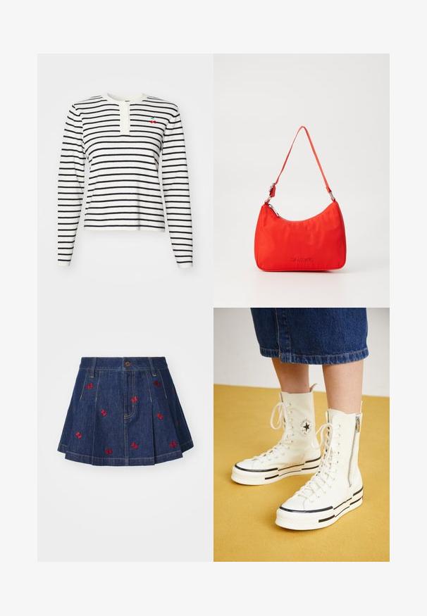 T-shirt à manches longues à rayures blanches et bleu marine, avec un col henley à boutons et un petit détail cerise brodé sur la poitrine.; Jupe en denim avec plis et teinture foncée, ornée de détails de papillons rouges brodés et d'un design classique à cinq poches avec une fermeture par bouton à l'avant.; Baskets montantes blanches avec une fermeture éclair, un design à lacets et des accents de rayures noires sur une semelle épaisse. Matériau en toile texturée.; Sac à main en nylon rouge avec une silhouette courbée, une seule anse, des accessoires en métal argenté et un logo embossé à l'avant. Texture lisse.