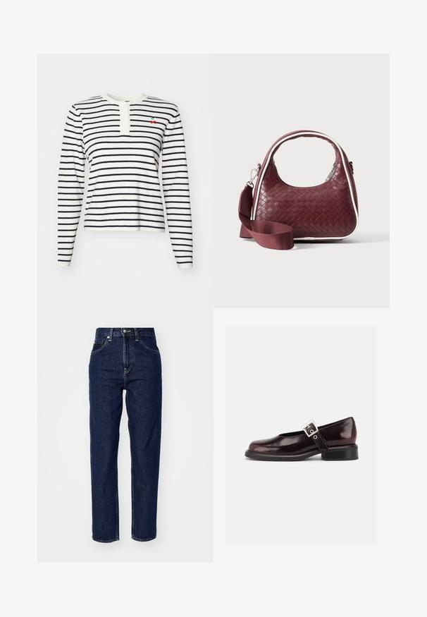 T-shirt à manches longues à rayures blanches et bleu marine, avec un col henley à boutons et un petit détail cerise brodé sur la poitrine.; Jean en denim bleu foncé avec une taille haute, design à jambe droite, poches avant et détails de couture discrets. Style classique et polyvalent.; Chaussure Mary Jane unique brillante couleur bordeaux foncé avec une large bride et une boucle argentée, talon bloc bas et bout arrondi sur fond blanc.; Sac à main en cuir tressé marron foncé avec poignée courbée, garniture blanche, fermeture éclair argentée et bandoulière large en tissu amovible sur fond uni.