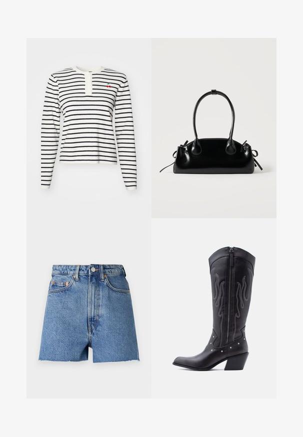 Langärmliges gestreiftes Oberteil in Weiß und Marineblau, mit einem Henley-Ausschnitt mit Knöpfen und einem kleinen bestickten Kirschdetails auf der Brust.; Helleblaue Jeansshorts mit hoher Taille, ausgefranstem Saum und kupferfarbenen Beschlägen. Ausgestattet mit zwei Vordertaschen und klassischem Fünf-Taschen-Design.; Schwarze Cowboy-Stiefel aus Leder mit spitzer Zehenpartie, sichtbarer Nahtführung, silbernen Nietenakzenten und Reißverschluss auf der Innenseite.; Kleine schwarze glänzende Handtasche mit zwei langen Griffen und seitlichen Kordelzug-Details vor einfachem hellem Hintergrund.