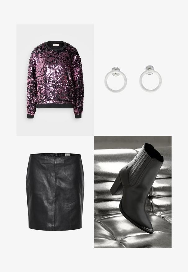 Sweatshirt en sequin dans des nuances de violet et noir. Doté d'un col rond et de poignets noirs. Texture scintillante avec une brillance uniforme.; Jupe en cuir noir avec une texture lisse, taille haute et fermeture à bouton à l'avant. Présente une silhouette épurée et minimaliste. Sans motifs ni accents.; Botte de cheville en cuir noir à talon haut, avec des coutures verticales et un accent argenté brillant sur le bout, sur fond métallique.; Boucles d'oreilles en métal argenté avec une texture brossée, présentant un design circulaire et un fermoir transparent pour un port sécurisé.