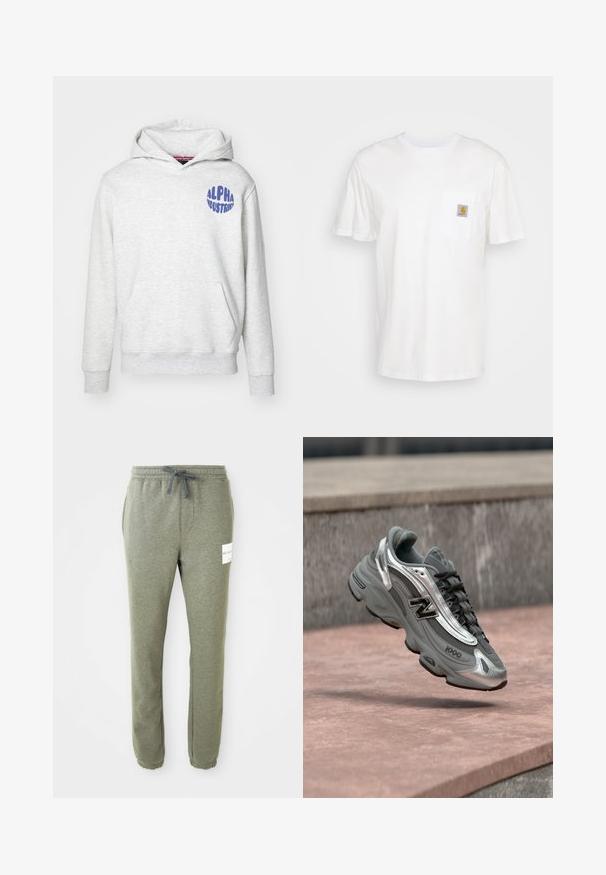 Heled hall sweatshirt, mis on valmistatud pehmest materjalist. Omab es frontend kotti ja sinist "ALPHA INDUSTRIES" logo vasakul ülemisel küljel.; Valge puuvillane t-särk lühikeste varrukatega, rindade taskuga ja taskul väike ruudukujuline logo kleebis oranžis ja valges.; Helehallid kitsenevad treeningpüksid elastse vöökoha, tõmbluku, külgmiste taskute, pahkluu mansettide ja väikese valge brändi sildiga paremal reiel.; Hall ja hõbedane New Balance toss "1000" logoga, hõljuv roosaka tooniga kivipinnal, taustal hall kivimüür.
