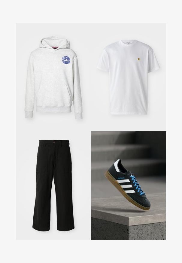 Svetlošedá mikina s kapucňou vyrobená z mäkkého materiálu. Obsahuje predné vrecko a modré logo "ALPHA INDUSTRIES" na hornej ľavej strane.; Biele bavlnené tričko s krátkymi rukávmi, okrúhlym výstrihom, s malým zlatým logom na ľavej strane hrude. Mäkká textúra a normálny strih.; Čierne nohavice s širokými nohavicami vyrobené z mäkkej látky, s prednými vreckami a zapínaním na gombík v páse. Minimalistický dizajn bez viditeľných vzorov.; Čierna teniska Adidas s bielymi pruhmi, modrými šnúrkami a gumovou podrážkou, ktorá sa vznáša nad sivým betónovým schodom v mäkkom svetle.