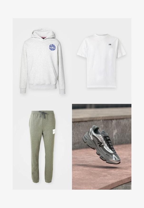 Heled hall sweatshirt, mis on valmistatud pehmest materjalist. Omab es frontend kotti ja sinist "ALPHA INDUSTRIES" logo vasakul ülemisel küljel.; Valge lühikeste varrukatega ümara kaelusega T-särk, mille vasaku rinna ülaosas on väike must New Balance'i logo, helel, ühevärvilisel taustal.; Helehallid kitsenevad treeningpüksid elastse vöökoha, tõmbluku, külgmiste taskute, pahkluu mansettide ja väikese valge brändi sildiga paremal reiel.; Hall ja hõbedane New Balance toss "1000" logoga, hõljuv roosaka tooniga kivipinnal, taustal hall kivimüür.