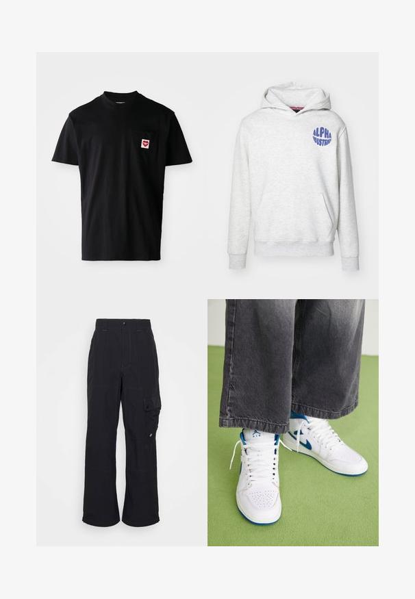 Sudadera gris claro hecha de material suave. Cuenta con un bolsillo delantero y un logo azul de "ALPHA INDUSTRIES" en la parte superior izquierda.; Camiseta de algodón negra con escote redondo, mangas cortas y bolsillo en el pecho izquierdo que presenta un parche en forma de corazón rojo con texto blanco.; Pantalones cargo negros hechos de tejido texturizado, con un diseño de pierna ancha, costuras visibles y un bolsillo lateral con cierre a presión.; Zapatillas altas blancas con acentos azules, caja de puntera perforada y cordones blancos. Llevadas con pantalones de mezclilla grises sueltos sobre una superficie verde.