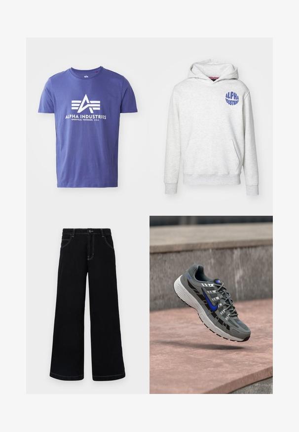 Hellgraue Kapuzenjacke aus weichem Material. Besitzt eine Fronttasche und ein blaues "ALPHA INDUSTRIES"-Logo auf der oberen linken Seite.; Lila Baumwoll-T-Shirt mit kurzen Ärmeln, das ein weißes Logo mit "ALPHA INDUSTRIES" und einem geometrischen Design zeigt.; Schwarze weit geschnittene Jeanshose aus Denim, mit Knopfverschluss, fünf Taschen und kontrastierendem weißen Nähten entlang der Nähte.; Grauer und schwarzer Nike-Laufschuh mit blauem Swoosh und weißer Sohle, der über einer Steinoberfläche schwebt.