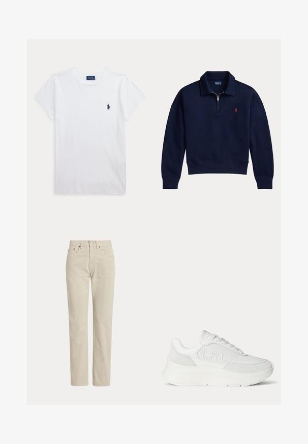 Marineblauwe pullover met lange mouwen, een kwart rits en een rood geborduurd logo op de linkerborst.; Wit T-shirt met korte mouwen en ronde hals met klein donkerblauw Polo Ralph Lauren-logo op de linkerborst.; Beige corduroy broek met rechte pijpen, riemlussen, knoop aan de voorkant, ritssluiting en voorzakken.; Witte leren sneaker met dikke zool en "LRL" geperst aan de zijkant, voorzien van veters en suède accenten bij de hiel en tenen.