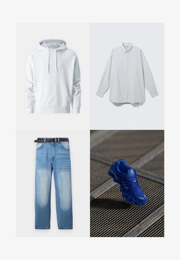 Grauer Pullover-Hoodie aus weichem Stoff, mit Kängurutasche, verstellbare Kapuze und gerippten Bündchen an den Ärmeln und am Saum.; Weißes, langärmliges Hemd mit Knopfleiste, dünnen schwarzen vertikalen Streifen und einer Brusttasche, flach auf hellem Hintergrund liegend dargestellt.; Hellblaue Denim-Jeans mit geradem Bein, ausgestattet mit einem schwarzen Gürtel, ausgewaschenen Stellen und subtiler diagonaler Textur im oberen Bereich.; Blaue Sportschuh mit einem Obermaterial aus Netzgewebe, strukturiertem Design und einer markanten Sohle, die über ausgeprägte Dämpfungselemente und reflektierende Akzente verfügt.