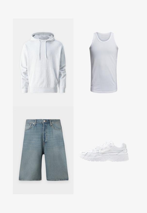 Grijze pullover hoodie van zachte stof, met een kangoeroezak, trekkoordcapuchon en ribgebreide boorden bij de mouwen en taille.; Witte katoenen tanktop met een ronde hals, brede schouderbanden en minimale branding binnen de kraag. Zachte textuur, casual pasvorm.; Lichtblauwe denim shorts met een losse pasvorm, vijf zakken en een traditionele knoopsluiting, met vervaagde vlekken voor een versleten uitstraling.; Nike Sportswear P 6000 - Sneakers laag - white/platinum tint