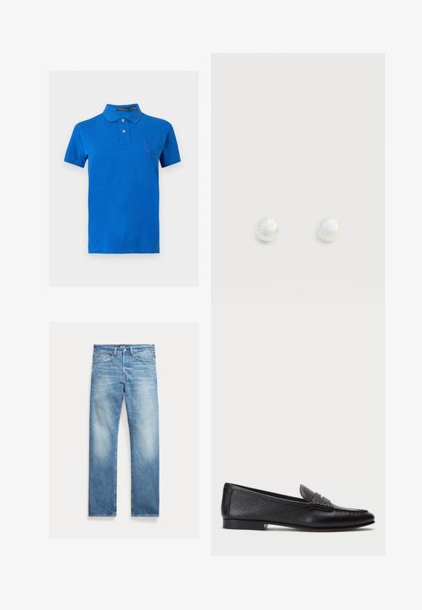 Blaues Poloshirt mit kurzen Ärmeln, zwei Knöpfen und einem bestickten Polo-Spieler-Logo auf der linken Brust.; Hellblaue Straight-Leg-Denim-Jeans mit leichtem Verblassen, Fünf-Taschen-Design und sichtbarem Polo-Markenlabel am Bund.; Schwarze Lederloafers mit strukturiertem Finish, ausgestattet mit einem dekorativen Riemen und flachem Absatz. Schlankes, minimales Design mit abgerundeter Spitze.; Perlenstecker-Ohrringe mit einer glatten, glänzenden weißen Oberfläche und rundem Design vor neutralem Hintergrund.
