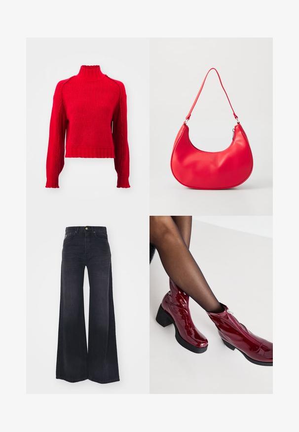 Vero Moda VMMARIE HIGHNECK - Striktrøje - salsa; Sorte højtaljede jeans med vide ben, foran med knapper og lynlås samt fem-lomme design.; Røde ankelstøvler i patenteret læder med en kraftig sort hæl og lynlåsdetalje. Glat tekstur, elegant design med en rund tå.; Rød syntetisk læder skuldertaske med en buet form, slank rem og lynlås lukning. Glat tekstur med synlige syninger.