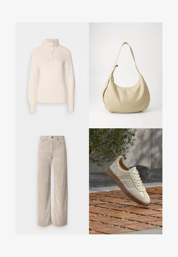 Crème-kleurige pull met hoge kraag, voorzien van een placket met vier knopen en geribde manchetten en onderkant. Gemaakt van zachte, gestructureerde stof.; Beige corduroy wijde broek met verticale strepen, voorzien van een knoopsluiting en voorkruiden. Zacht, gestructureerd materiaal met een relaxte pasvorm.; Sneaker in roomkleur met een gestructureerde beige rubberen zool, vetersluiting en subtiele merkdetails aan de zijkant. Bovenwerk van glad leer.; Beige leren schoudertas met een gebogen vorm, verstelbare schouderband en reliëf logo detail, met een gladde textuur en een minimalistisch ontwerp.