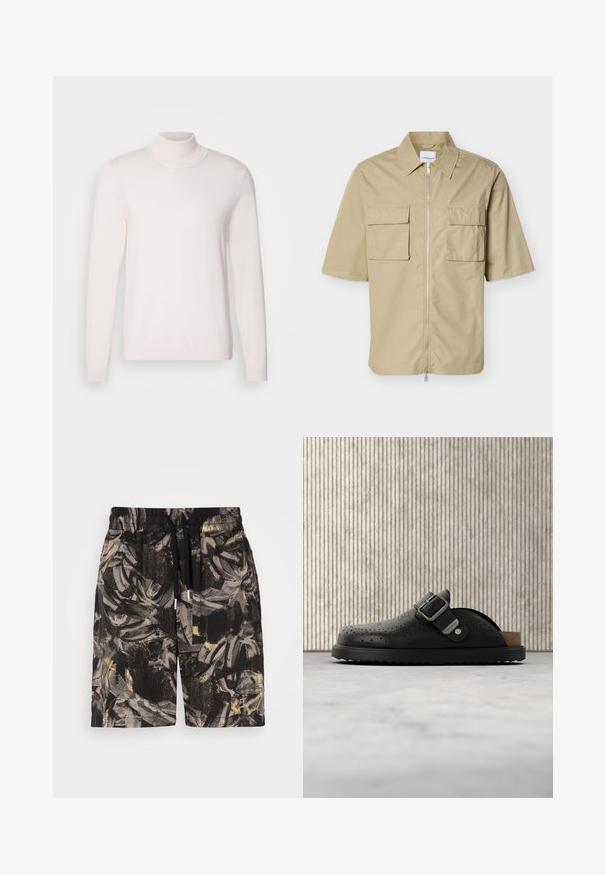 Lichtroze coltrui met lange mouwen, een zachte textuur, ribbelkraag en manchetten, met een klassieke, getailleerde uitstraling.; Beige shirt met korte mouwen, voorzien van een ritssluiting aan de voorkant en twee grote klepzakken op de borst, plat neergelegd op een witte achtergrond.; Zwarte shorts met een gedurfde, abstracte bladerenpatroon in grijs en gele tinten. Voorzien van een elastische tailleband en trekkoord voor een verstelbare pasvorm.; Zwarte leren instapslof met gesp en geperforeerd patroon, geplaatst op een licht tapijt nabij een doorschijnende bruine tafel.