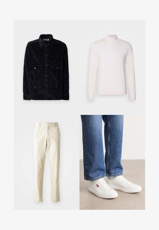 Pull à col roulé rose clair avec des manches longues, texture douce, col et poignets côtelés, présentant un design classique et ajusté.; Veste en velours côtelé bleu marine avec un col, fermeture à boutons sur le devant, deux poches poitrine et un rembourrage en relief vertical.; Pantalons ajustés beige clair avec un motif texturé, coupe droite, et taille mi-haute, dotés de passants de ceinture et sans poches visibles.; Baskets blanches avec une surface lisse, un bout rond et une semelle plate. Accompagnées d'un jean en denim bleu avec une coupe droite et des coutures visibles.