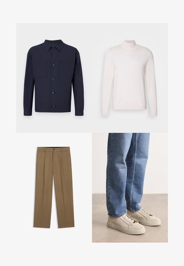 Lichtroze coltrui met lange mouwen, een zachte textuur, ribbelkraag en manchetten, met een klassieke, getailleerde uitstraling.; Marineblauwe button-up jas van stof met een gladde textuur. Beschikt over twee borstzakken en een puntige kraag, met vier knopen aan de voorkant.; Bruine rechte broek met riemlussen, knoop aan de voorkant en ritssluiting, plat liggend op een witte achtergrond.; BOSS GARYTENN_SDHDEL - Sneakers laag - natural ten