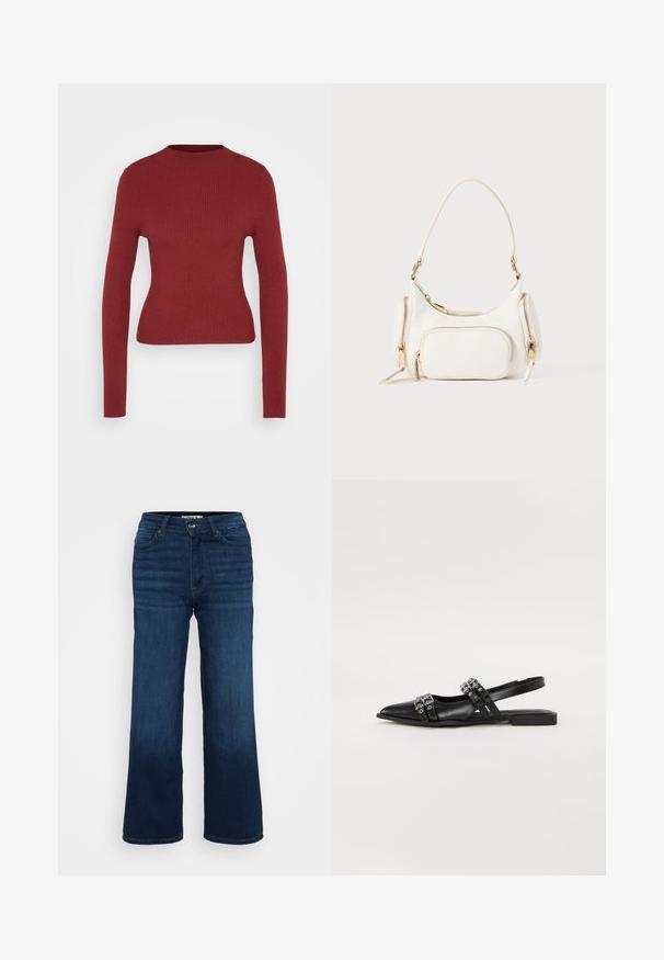 Pull ajusté à côtes, à manches longues, de couleur rouge foncé avec col rond, présenté sur un fond neutre clair.; ONLY Petite ONLMADISON BLUSH WIDE - Wide Leg - dark blue denim; Even&Odd Ballerines à brides arrière - black; Sac à main blanc avec une bandoulière courte, surface texturée, plusieurs poches zippées et accents en métal doré. Design compact et moderne.