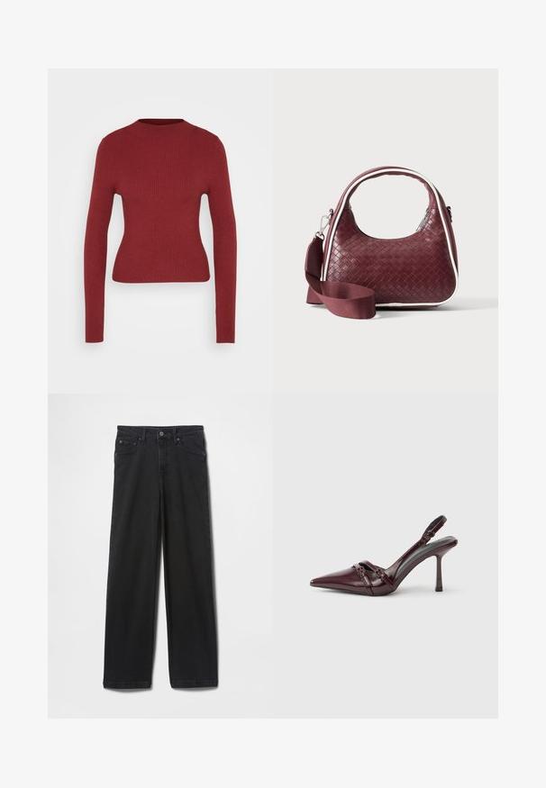 Enganliegendes, geripptes, langärmliges Sweater in Dunkelrot mit Rundhalsausschnitt, auf einem neutralen, hellen Hintergrund präsentiert.; Schwarze Denim-Jeans mit geradem Bein, Knopf- und Reißverschluss, Vorder- und Gesäßtaschen sowie einer glatten Textur.; Bordeauxroter Slingback-Pumps aus Lackleder mit spitz zulaufender Vorderkappe, dünnem Knöchelriemen und kleiner dekorativer Schnalle. Glatte Textur und hoher Absatz.; Dunkelrote gewebte Ledertasche mit gebogenem Griff, weißem Besatz, silbernem Reißverschluss und abnehmbarem breitem Stoff-Schulterriemen vor einfarbigem Hintergrund.