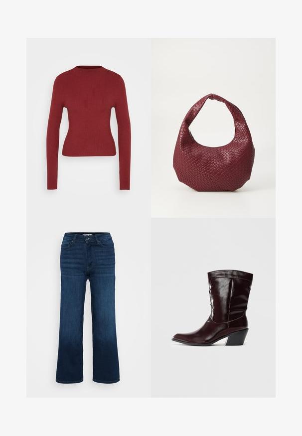 Enganliegendes, geripptes, langärmliges Sweater in Dunkelrot mit Rundhalsausschnitt, auf einem neutralen, hellen Hintergrund präsentiert.; ONLY Petite ONLMADISON BLUSH WIDE - Wide Leg - dark blue denim; Bordeauxfarbene Leder-Stiefeletten mit spitzem Schnitt, strukturierten Oberflächen und einem schmalen, niedrigen Absatz. Verfügen über dezente Nähte und einen engen Sitz.; Geflochtener burgunderfarbener Handtasche mit einer runden Silhouette, einem einzelnen Griff und einer strukturierten Oberfläche. Reißverschluss oben.