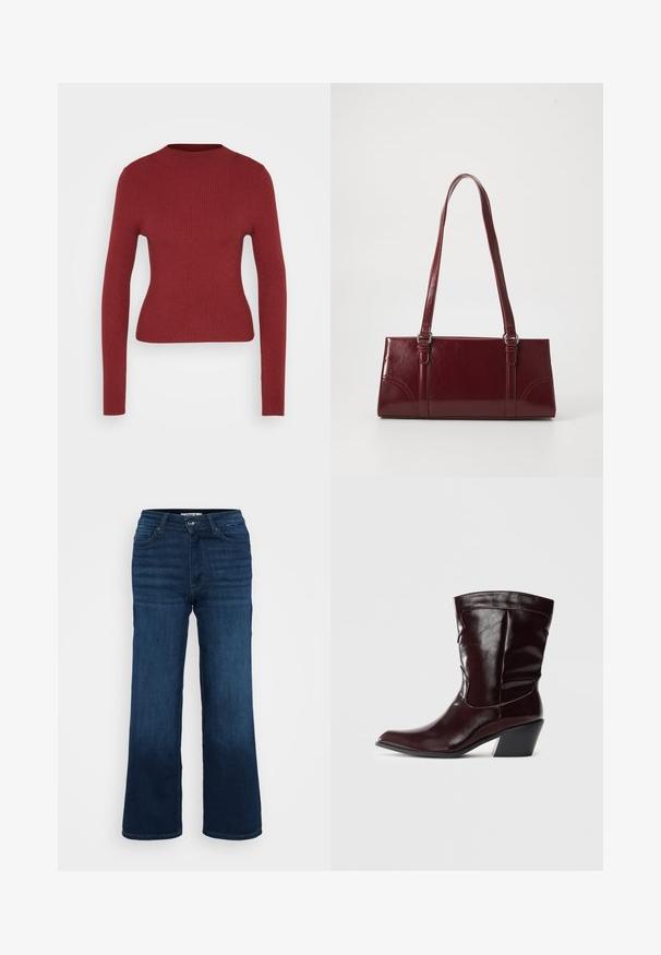 Tumene, soonilise, pika varrukaga sviiter tumepunases värvitoonis, ümmarguse kaelusega, esitatud neutraalsel heledal taustal.; ONLY Petite ONLMADISON BLUSH WIDE - Wide leg - dark blue denim; Burgundi värvi nahast pahkluu saapad terava nina, tekstuuriga pinna ja kitsas madal konts. Omab peent õmblust ja mugavat istuvust.; Burgundia värvi käekott, mis on valmistatud läikivast materjalist, ristküliku kujuline, kahe õlapaelaga ning ees on peened kaarjad aktsendid.