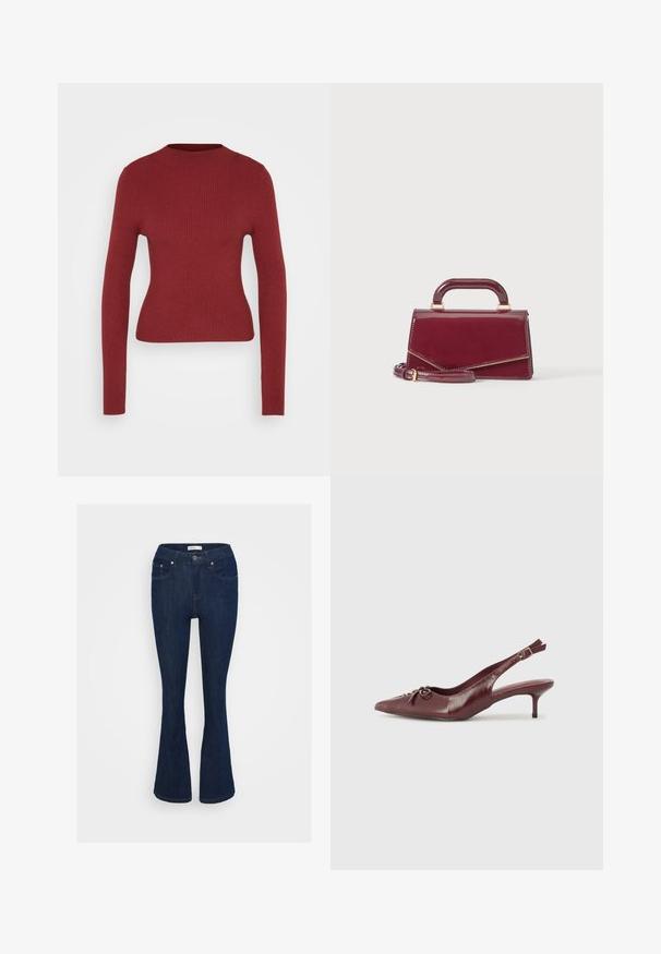 Enganliegendes, geripptes, langärmliges Sweater in Dunkelrot mit Rundhalsausschnitt, auf einem neutralen, hellen Hintergrund präsentiert.; Dunkelblaue Jeans im Bootcut-Stil mit klassischem Fünf-Taschen-Design, metallischem Knopfverschluss und Nähakzenten an den Taschen.; Bordeauxfarbene Leder-Slingback-Pumps mit spitzem Zehenbereich, verstellbarem Riemen und dekorativem Schleifchen vorne. Absatzhöhe von 7,5 cm.; Kleine glänzende burgunderrote Handtasche mit oberem Griff und abnehmbarem Schulterriemen, vor einem schlichten hellen Hintergrund präsentiert.
