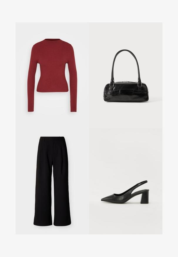 Pull ajusté à côtes, à manches longues, de couleur rouge foncé avec col rond, présenté sur un fond neutre clair.; Pantalon noir à jambes larges, taille haute, passants pour ceinture et poches latérales, présenté sur fond blanc uni.; Escarpins en cuir noir à talon ouvert avec un bout pointu et un talon bloc. Présente un design découpé et une texture lisse, minimaliste et moderne.; Sac à main en cuir noir de forme rectangulaire, doté d'une seule ansse structurée, de quincaillerie argentée et d'une fermeture éclair. Texture lisse.