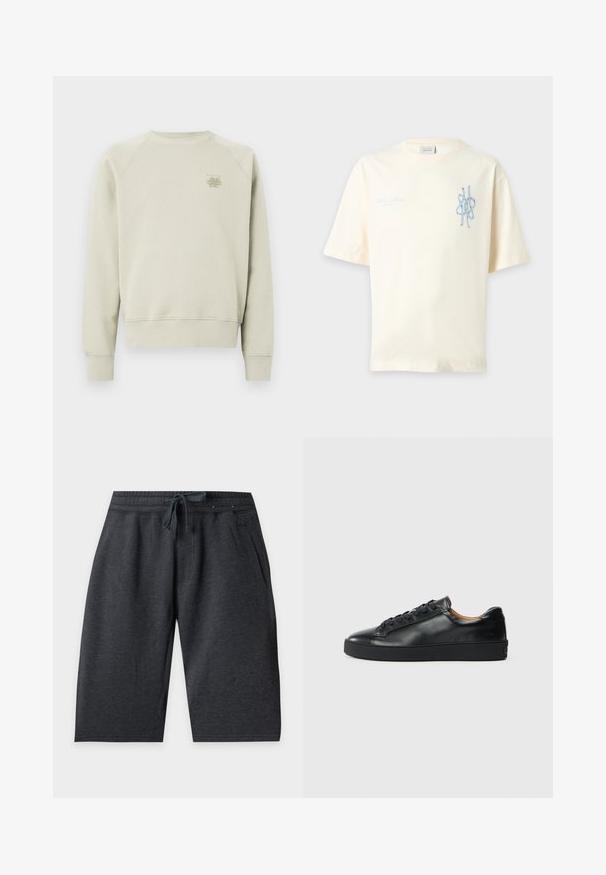 Sweatshirt gris clair avec un col rond, des manches raglan, des poignets côtelés, et un petit logo brodé sur la poitrine. Texture douce, coupe décontractée.; T-shirt écru à manches courtes avec un motif abstrait bleu clair et un petit texte en cursive sur la poitrine gauche.; Shorts gris foncé jusqu'au genou avec taille élastique et cordon à l'avant, avec poches latérales sur fond uni.; Baskets en cuir noir avec une texture lisse, bout rond et fermeture à lacets. Comprend une semelle en caoutchouc épaisse et un minimum de détails de marque.