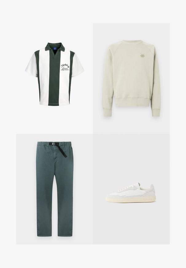 Sweatshirt gris clair avec un col rond, des manches raglan, des poignets côtelés, et un petit logo brodé sur la poitrine. Texture douce, coupe décontractée.; Polo rugby à manches courtes avec larges rayures verticales vertes et blanches et texte en écriture noire sur le côté gauche de la poitrine.; Pantalon droit vert foncé avec taille élastique et ceinture noire intégrée réglable avec fermeture à boucle.; Baskets blanches avec dessus en daim et cuir texturé. Caractérisées par un bout arrondi, une fermeture à lacets et une semelle en caoutchouc beige contrastante.