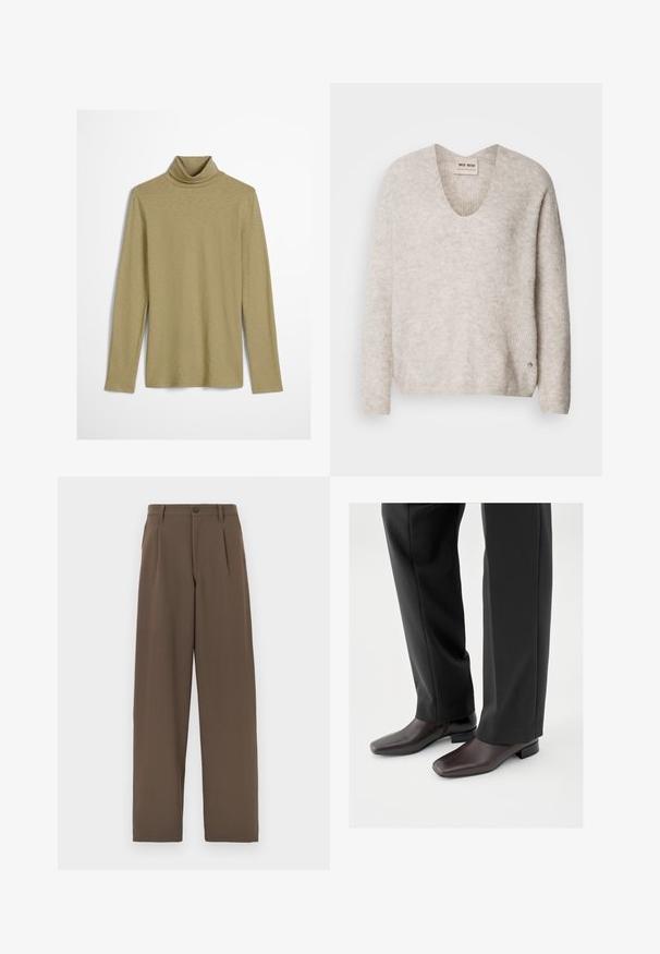 Lichtbeige trui met een V-hals, lange mouwen en een licht gestructureerde stof. Heeft een kleine logo-accent aan de zijkant.; Langarm turtleneck-top in licht olijfgroen, met een slim fit en een gladde, licht gestructureerde stof zonder versieringen.; Bruine wijde broek van gladde stof, met dubbele plooien, een enkele knoopsluiting en standaard zakken.; Donkerbruine leren schoenen met een vierkante neus en een korte blokhak, gedragen met zwarte, op maat gemaakte broek, die een strakke, gepolijste uitstraling tonen.