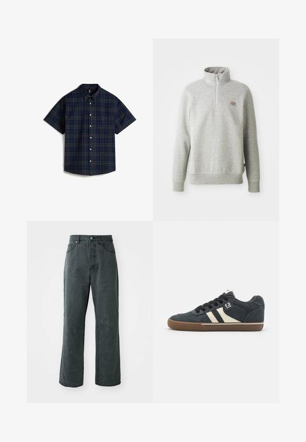 Grå sweatshirt med høj krave, kvart lynlås foran og ribbede ærmer. Har et lille logo patch på venstre bryst.; Vans LAWSON - Skjorter - medium blue; Bredde ben mørkegrå jeans lavet af denim, med høj talje, fem-lomme design og en subtil distressed tekstur.; Mørkeblå ruskinds sneakers med cremefarvede striber, sorte snørebånd og en brun gummisål. Har polstret krave og logo på siden.