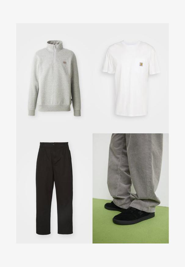 Halli halliga hall pullover, millel on kõrge kaelus, neljandik-sihik ja soonikuga mansetid. Vasakul rinnal on väike logopaik.; Valge puuvillane t-särk lühikeste varrukatega, rindade taskuga ja taskul väike ruudukujuline logo kleebis oranžis ja valges.; Mustad mustadest kangast püksid, millel on nööbiga sulgemine, sirge lõige ja kaks esist plehti täiendava detailina.; Must musta skate-jalanõud, millel on tekstuuriga viimistlus ja logo, kombineeritud hallide corduroy-pükstega, millel on sooneline tekstuur. Roheline põrandapind.