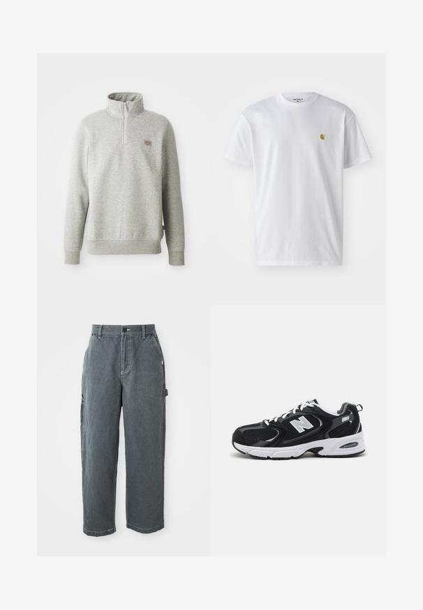 Sweatshirt gris à col montant, avec fermeture éclair quart de longueur à l'avant et poignets côtelés. Présente un petit écusson avec logo sur la poitrine gauche.; T-shirt en coton blanc à manches courtes, col rond, avec un petit logo doré sur la poitrine gauche. Texture douce et coupe régulière.; Pantalons de travail droits gris foncé avec passants de ceinture, bouton et fermeture éclair à l'avant, poches latérales et attache marteau sur la jambe droite.; Baskets de sport noires et grises avec un tige en mesh et en suède, présentant une semelle intermédiaire blanche, des lacets et un logo "N" audacieux sur le côté.