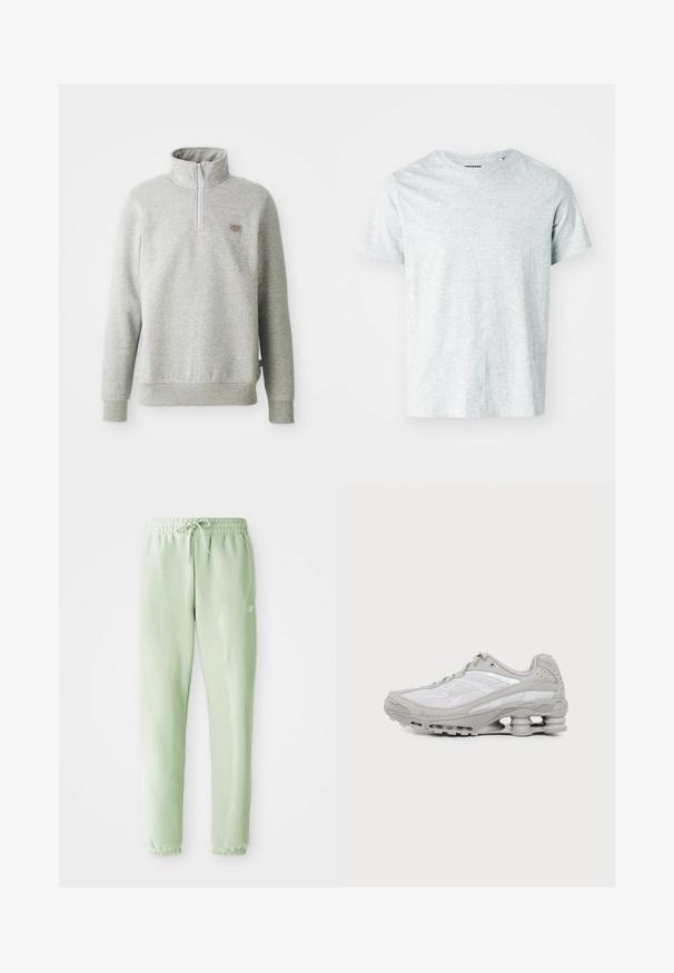 Grijze pullover sweatshirt met een hoge kraag, kwart rits aan de voorkant en geribde manchetten. Kenmerkt zich door een klein logopatch op de linkerborst.; Lichtgrijze, korte mouwen t-shirt van zacht stof, met een ronde hals en een iets relaxte fit. Geen zichtbare patronen of graphics.; Lichtgroene sweatpants van zachte katoen, met een elastische tailleband met trekkoord en taps toelopende benen, afgewerkt met gathered boorden.; Grijze en witte sportschoen met zichtbare luchtkussenzool en meshpanelen, in profiel weergegeven op een eenvoudige lichte achtergrond.