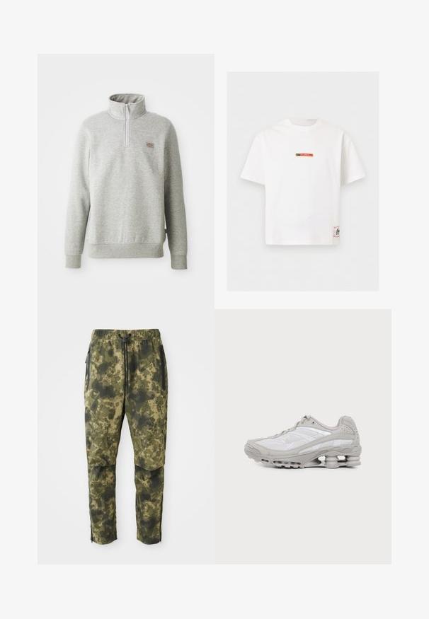 Grijze pullover sweatshirt met een hoge kraag, kwart rits aan de voorkant en geribde manchetten. Kenmerkt zich door een klein logopatch op de linkerborst.; Witte korte mouw Nike T-shirt met een klein "Fussball" logo in zwart en rood op de borst en een rechthoekig label vlakbij de onderzoom.; Camo broek in verschillende tinten groen met een digitaal patroon. Voorzien van een elastische tailleband, trekkoord en zijzakken met rits.; Grijze en witte sportschoen met zichtbare luchtkussenzool en meshpanelen, in profiel weergegeven op een eenvoudige lichte achtergrond.