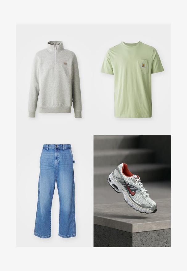 Sweatshirt gris à col montant, avec fermeture éclair quart de longueur à l'avant et poignets côtelés. Présente un petit écusson avec logo sur la poitrine gauche.; T-shirt vert clair à manches courtes en tissu doux, comportant une poche poitrine avec une patch logo carré. Design simple et dépouillé.; Pantalons cargo en denim bleu clair avec une coupe décontractée, plusieurs poches latérales et un design à jambes larges. Dotés d'une fermeture à bouton et à zipper.; Chaussure de running Nike blanche et argentée avec des accents rouges flottant au-dessus d’un rebord en béton, mettant en valeur ses détails latéraux et de la semelle.