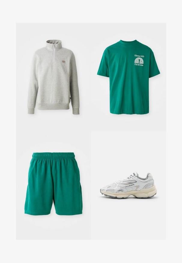 Sweatshirt gris à col montant, avec fermeture éclair quart de longueur à l'avant et poignets côtelés. Présente un petit écusson avec logo sur la poitrine gauche.; T-shirt en coton vert avec un col rond. Présente un imprimé graphique blanc avec "Ellesse 1959 Club di Corsa" sur la poitrine gauche.; Shorts en coton verts avec une taille élastique, des poches latérales et un ourlet cousu. Texture lisse avec une coupe décontractée et confortable.; Baskets de sport blanches avec des accents gris, tige en maille et synthétique, design à lacets et semelle en caoutchouc texturée avec motifs de traction.