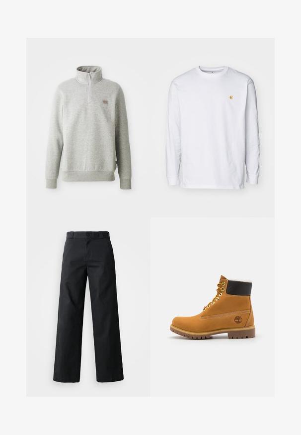Grijze pullover sweatshirt met een hoge kraag, kwart rits aan de voorkant en geribde manchetten. Kenmerkt zich door een klein logopatch op de linkerborst.; Witte lange mouwen t-shirt van katoen. Voorzien van een klein gouden logo op de borst en een ronde hals. Eenvoudig ontwerp en standaard pasvorm.; Zwarte wijde broek van katoen. Voorzien van een knoopsluiting, riemlussen en zijzakken. Gladde textuur met een op maat gemaakte snit.; Bruine leren enkellaars met metalen oogjes, witte faux bont voering, zwarte gewatteerde kraag, robuuste zool en een reliëflogo aan de zijkant.