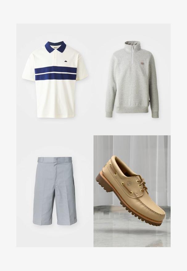 Halli halliga hall pullover, millel on kõrge kaelus, neljandik-sihik ja soonikuga mansetid. Vasakul rinnal on väike logopaik.; Valge polo särk, millel on tumesinised ribad rinna ja krae ümber. Lühikesed varrukad ja väike logo vasakul küljel krae lähedal.; Heledad hallid šortsid, mis on valmistatud vastupidavast kangast, sirge lõikega, vöökoha nimel paelaga ja peente voltide detailidega.; Heled pruun nahast paadiking, millel on paks ja sooneline tald ning nöördetailid, hõljuv marmorist põranda ja valgete vertikaalsete kardinate taustal.