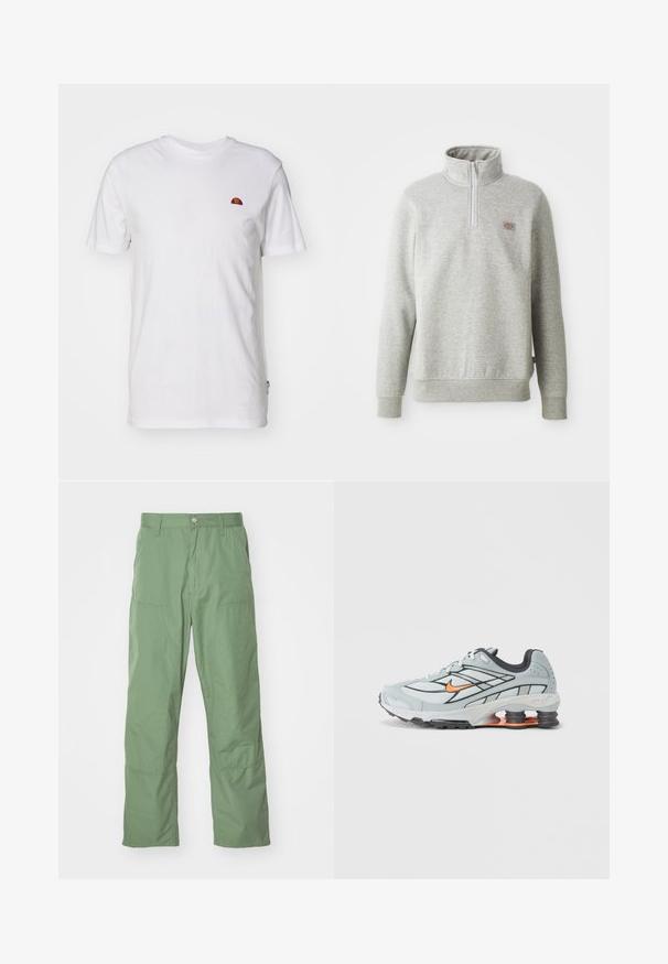 Sweatshirt gris à col montant, avec fermeture éclair quart de longueur à l'avant et poignets côtelés. Présente un petit écusson avec logo sur la poitrine gauche.; T-shirt blanc uni à manches courtes avec un petit logo en demi-cercle rouge et orange sur la partie supérieure gauche de la poitrine.; Pantalons vert clair, coupe décontractée avec une texture lisse, dotés de poches latérales et de détails de coutures visibles. Longueur complète avec un design à jambe droite.; Chaussure de course gris clair avec accents noirs, logo orange, tige en mesh, col rembourré et semelle en caoutchouc avec unités d'absorption des chocs visibles.