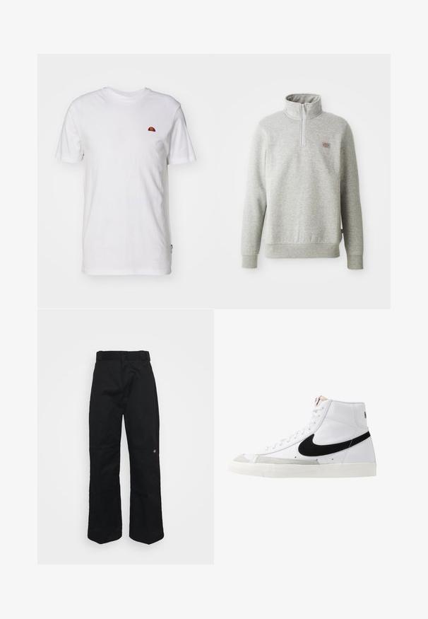 Sweatshirt gris à col montant, avec fermeture éclair quart de longueur à l'avant et poignets côtelés. Présente un petit écusson avec logo sur la poitrine gauche.; T-shirt blanc uni à manches courtes avec un petit logo en demi-cercle rouge et orange sur la partie supérieure gauche de la poitrine.; Pantalon noir en tissu robuste, présentant une coupe droite, des passants pour ceinture et un petit logo sur le côté inférieur.; Baskets montantes blanches avec un swoosh noir, un capuchon de pied texturé gris et une semelle plate blanche. Elles possèdent six œillets et des accents cousus.