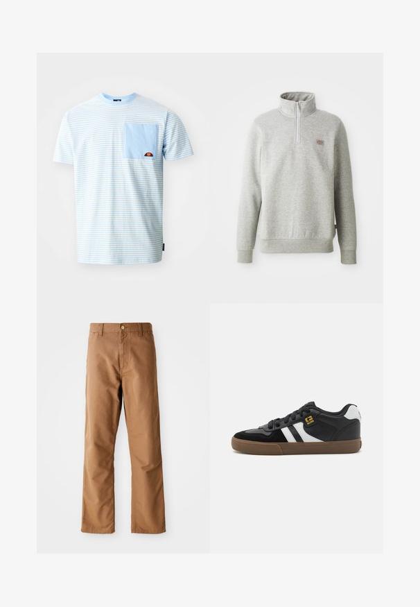 Harmaa vetoketjullinen collegepaita, jossa on korkea kaulus, neljänneksen vetoketju edessä ja ribbaatut hihat. Vasemman rinnan kohdalla pieni logopitsi.; Ellesse HIRST TEE - Printtipaita - light blue; Ruske su ravne hlače s petljama za pojas, prednjim džepovima, zatvaranjem na dugme i zatvaračem na bijeloj pozadini.; Mustat ja valkoiset lenkkarit, joissa on mokkanahka- ja nahkapinta, valkoiset raidat, mustat nauhat ja ruskea kumiura. Kultaiset logokorostukset.