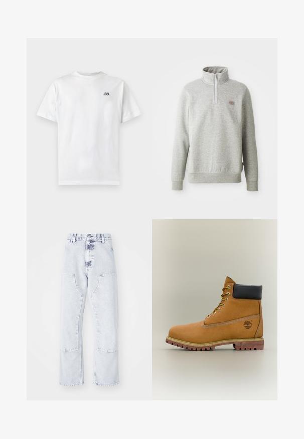 Grijze pullover sweatshirt met een hoge kraag, kwart rits aan de voorkant en geribde manchetten. Kenmerkt zich door een klein logopatch op de linkerborst.; Witte T-shirt met korte mouwen en ronde hals met een klein zwart New Balance-logo op de linker bovenkant van de borst op een effen lichte achtergrond.; Lichtblauwe denim jeans met rechte pijpen, patchzakken, hoge taille en een vervaagd uiterlijk. Voorzien van ton-sur-ton stiksels en een relaxte pasvorm.; Bruine leren enkellaars met zwarte kraag, gele veters en een zandkleurige zool. Voorzien van een logo en witte stikseldetails. Robuuste loopzool met grip.