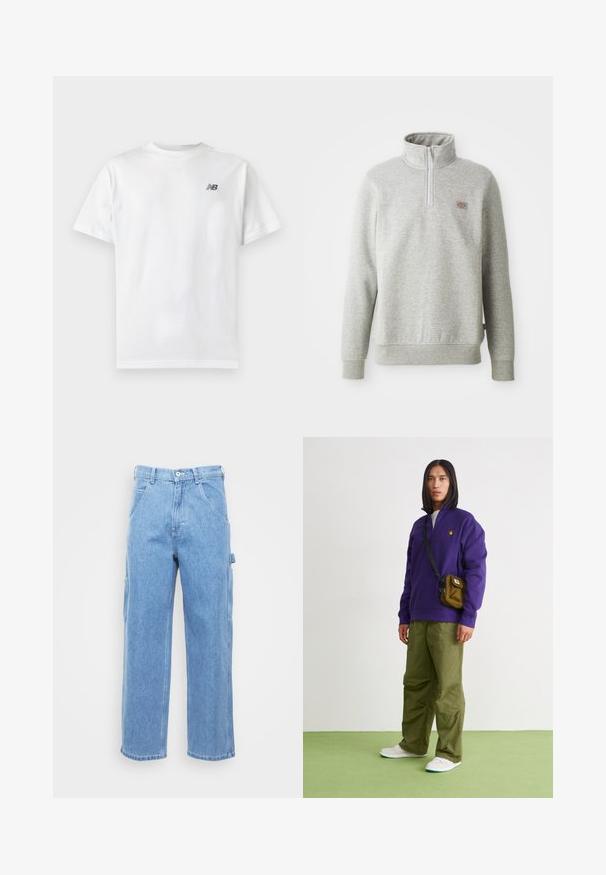 Grauer Pullover-Sweatshirt mit hohem Kragen, Viertelreißverschluss vorne und gerippten Bündchen. Verfügt über ein kleines Logopatch auf der linken Brust.; Weißes T-Shirt mit kurzen Ärmeln und Rundhalsausschnitt mit kleinem schwarzem New Balance-Logo auf der oberen linken Brust auf einem einfarbigen hellen Hintergrund.; Hellblaue Denim-Cargohosen mit geradem Bein, Vordertaschen und seitlichen Cargotaschen. Der Stoff hat eine glatte Textur mit einem leicht verwaschenen Finish.; Jordan AIR JORDAN 1 ZM CMFT 2 - Sneaker high - summit white/bicoastal/oxidized green